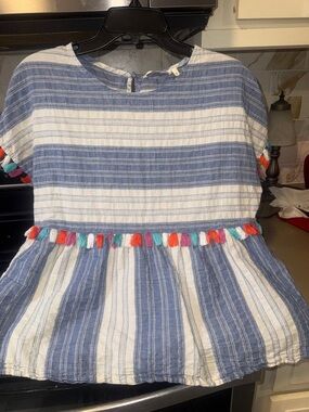 Ladies Blue and White Striped Tassel Waist Dress